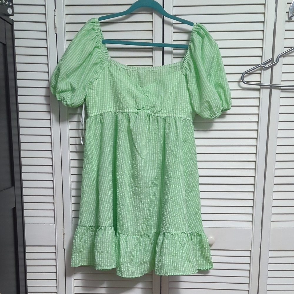 SHEIN Light Green Gingham Puff Sleeve Dress